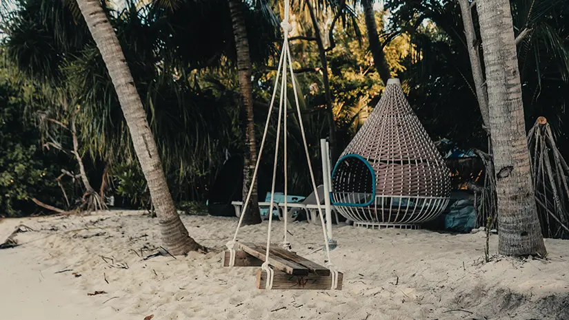 Hanging seat on a palm tree over a tropical beach in the Maldives, with clear turquoise water and white sand.